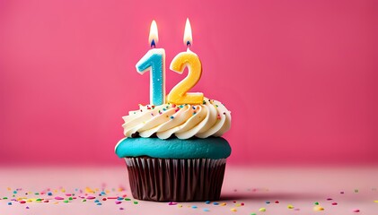 Fototapeta na wymiar Birthday cupcake with burning lit candle with number 12. Number twelve for twelve years or twelfth anniversary.