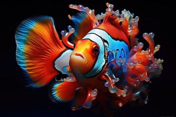 Orange clownfish hides in a beautiful anemone, Beautiful Clownfish, An image of a clownfish nestled among the tentacles of a sea anemone Ai generated - obrazy, fototapety, plakaty
