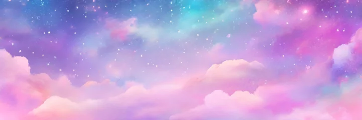 Schilderijen op glas Bokeh sky background. Light pink pastel galaxy abstract wallpaper with glitter stars. Fantasy space with sparkles. Holographic fantasy rainbow unicorn background with clouds and stars. © Cobe