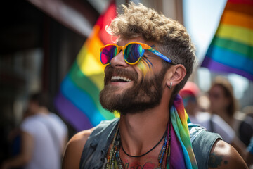 Close up photo of a happy gay man and a rainbow color flag during Christopher Street Day celebration parade