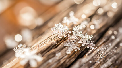 Snowflake on wood, rustic, natural and cold. 