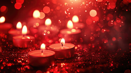Red tea lights casting a warm glow on a sparkling red background.