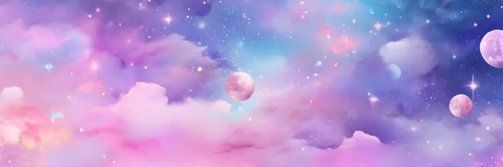 Papier Peint photo Violet Bokeh sky background. Light pink pastel galaxy abstract wallpaper with glitter stars. Fantasy space with sparkles. Holographic fantasy rainbow unicorn background with clouds and stars.