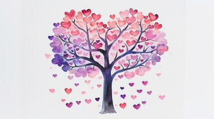 Watercolor painting of a tree with hearts for leaves against a soft pink and white background.