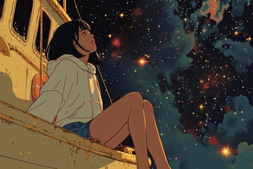 A young woman with tanned skin and black hair wearing a white hoodie and jean - shorts sits on the deck a quaint gold - filigree houseboat sailboat sailing a starry astral sea.