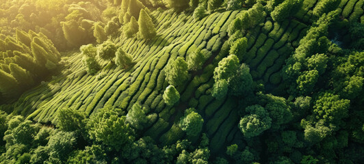 Lush Aerial View of Serpentine Tea Garden