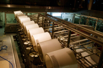 Interior of the cheese dairy factory. Equipment at cheese dairy plant