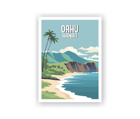 Oahu, Hawaii Illustration Art. Travel Poster Wall Art. Minimalist Vector art