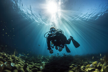 A diving lesson in open water. Scuba diver before diving into ocean.