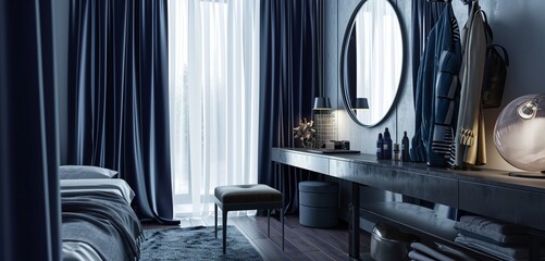 Modern muted lavender dressing room with opulent navy blue curtains and a sleek matte black-finished vanity mirror.