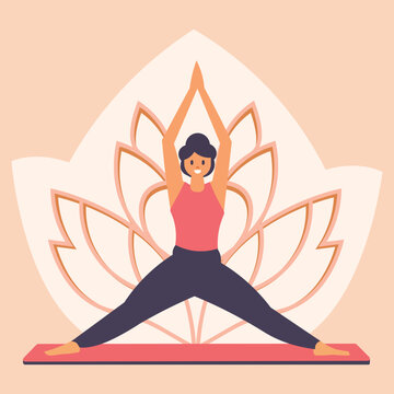 Happy young woman striking a yoga pose, stretching with hands joined and legs apart, with a lotus flower in the background.