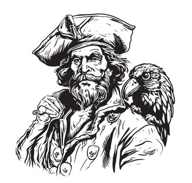 Bearded men with a pirate cap on his head, Hand Drawn Sketch Vector Background.