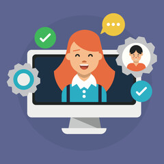 Empowered, active, happy, and friendly woman providing customer support through a television, working for a call center company, assisting and resolving technical issues. Flat vector illustration.