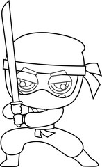 Outlined Cute Ninja Boy Warrior Cartoon Character With Katana Sword Ready To Fight. Vector Hand Drawn Illustration Isolated On Transparent Background