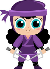 Cute Ninja Girl Warrior Cartoon Character With Two Sai Knives. Vector Illustration Flat Design Isolated On Transparent Background © HitToon.com