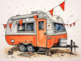 camper trailer illustration in the style of illustrative pen and ink