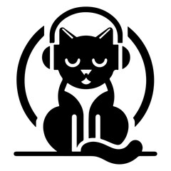 minimal a cat listening songs with headphone vector icon, clipart, silhouette