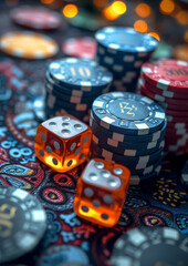 Casino theme. High contrast image of casino roulette poker game dice game poker chips on gaming table all on colorful bokeh background.