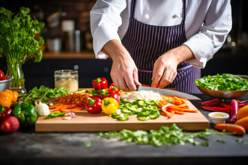 Obraz na płótnie Canvas close view of Male chef chopping fresh vegetables