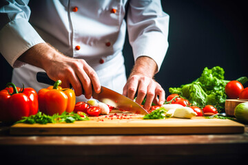 close view of Male chef chopping fresh vegetables