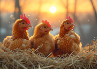Fototapeta premium Three chickens sit on hay in the rays of the rising sun