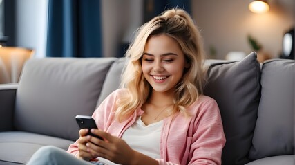Fototapeta na wymiar This cheerful, laid-back young girl is using a smartphone while lounging on the couch. She is grinning and laughing as she looks at her phone and enjoys watching movies or shopping online using mobile
