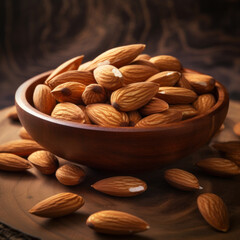 Close up of Almond snack fruit in wooden bowl.
