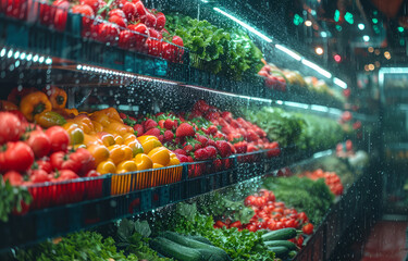 Fototapeta na wymiar Vegetables and fruits on the shelves in the supermarket. An area with vegetable shelves,