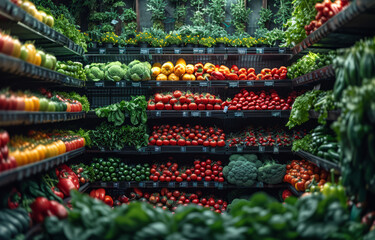 Beautiful fresh vegetables in supermarket. An area with vegetable shelves