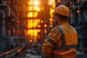 Man is industrial worker in helmet and orange uniform construction helmet looking at the construction site