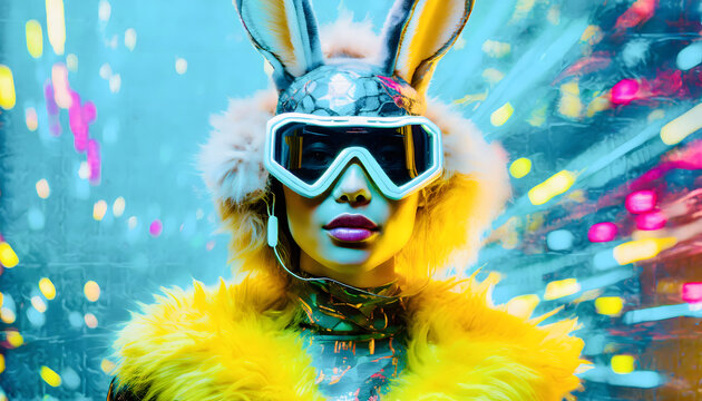 hasenohren, cyber, 3d, frau, metallisch, world, gelb, türkis, model, modern, neu, ostern, party, fell, pelz, konzept, modern, neu, flyer, party, osternhase, spaßig