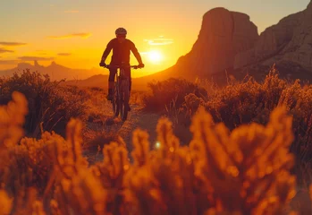 Tuinposter Man rides mountain bike on trail at sunset. © Vadim