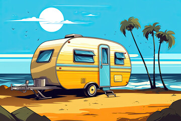 camper trailer illustration in the style of illustrative pen and ink