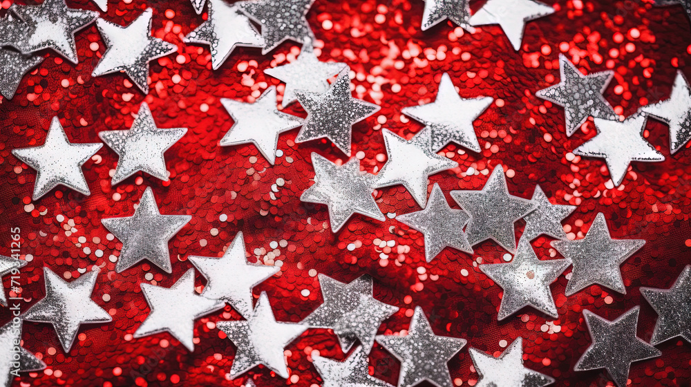Poster Abstract shiny background with red glitter. Scattered confetti sparkles with bright and vibrant red color.