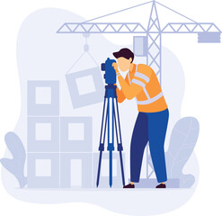Surveyor with transit theodolite at construction site vector illustration. Engineer operating electronic distance measurement equipment, urban development concept.