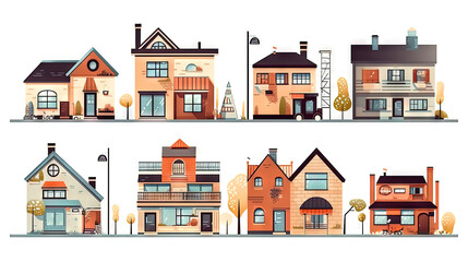Set of cute residental houses in the neighborhood. Colorful architecture of suburb or village cottages.