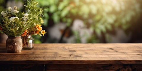 Rustic outdoor scene with wooden table and plant. Product mockup with vintage design.