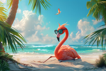  a large flamingo wearing glasses sitting on a beach w - obrazy, fototapety, plakaty