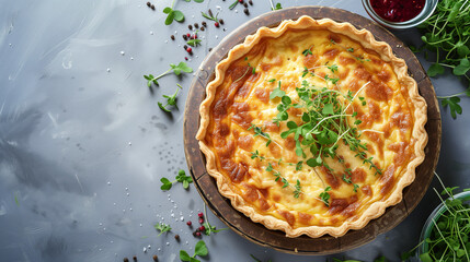 Quiche Lorraine pie with beechwood smoked bacon, creamy Cheddar cheese and free-range egg in shortcrust pastry on a white plate and modern white background. Flat-lay or top view banner with copy space