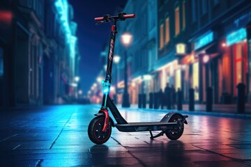 Electric scooter on a city night street, AI generated