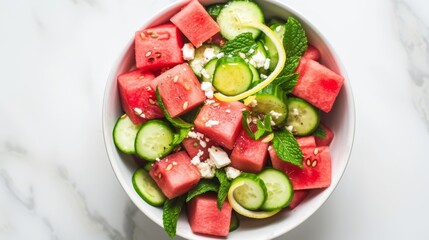 Fresh watermelon salad with feta cheese, cucumber, and mint in a white bowl.