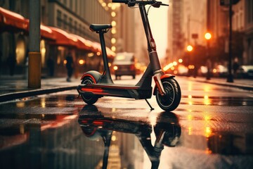 electric scooter with night city background, Electric scooter on a city night street, AI generated