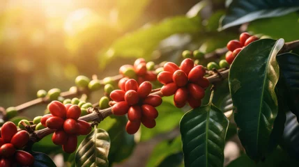 Foto op Canvas Close up of Coffee beans on coffee plant branch. © Wararat