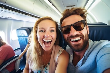 Happy couple taking a selfie on an airplane, embarking on a joyful journey together
