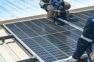 Male worker repair Floating solar panels on water lake. Engineers construct on site Floating solar...