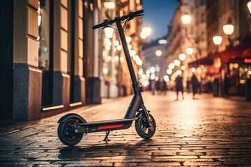 electric scooter with night city background, Electric scooter on a city night street, electric scooter in the city landscape, standing on the road, Electric scooter in the city, AI generated