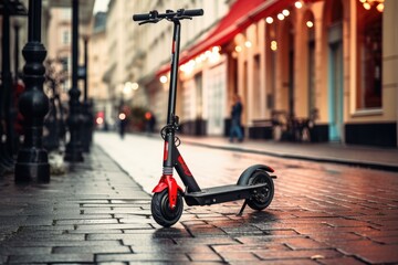 electric scooter with night city background, Electric scooter on a city night street, electric scooter in the city landscape, standing on the road, Electric scooter in the city, AI generated