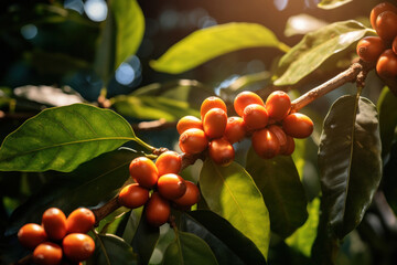 Close up of Coffee beans on coffee plant branch.