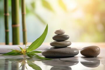 Fototapeta na wymiar Concept of spa, Bamboo and stones in a wellness spa.