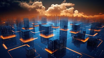 Concept of a digital city with cloud connections. Futuristic network in the clouds.